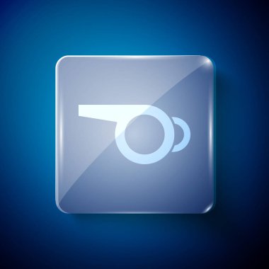 Beyaz Düdük simgesi mavi arkaplanda izole edildi. Hakem sembolü. Spor ve spor burcu. Kare cam paneller. Vektör.