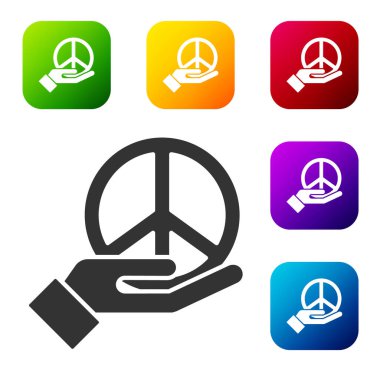 Siyah Barış simgesi beyaz arka planda izole edildi. Hippi barış sembolü. Renkli kare düğmelerle simgeleri ayarla. Vektör.