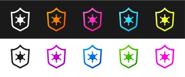 Polis rozeti simgesini siyah beyaz arkaplanda izole et. Şerif rozeti. Vektör.