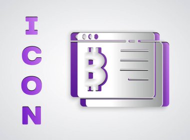 Kağıt kesiği Kripto para birimi simgesi Bitcoin gri arka planda izole edildi. Madeni para. Engelleme zinciri tabanlı şifreli para birimi. Kağıt sanatı tarzı. Vektör.