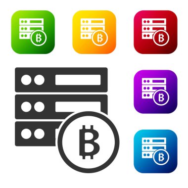 Siyah sunucu bitcoin simgesi beyaz arkaplanda izole edildi. Renkli kare düğmelerle simgeleri ayarla. Vektör.