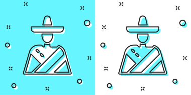 Siyah çizgili Meksikalı adam yeşil ve beyaz arka planda izole edilmiş sombrero ikonu giyiyor. Bıyıklı İspanyol adam. Rastgele dinamik şekiller. Vektör.