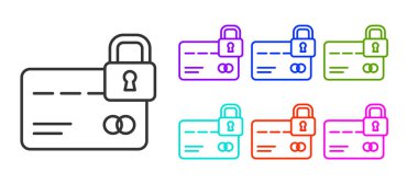 Beyaz arkaplanda kilit simgesi olan siyah çizgi kredi kartı. Kilitli banka kartı. Güvenlik, güvenlik, koruma. Güvenli ödeme kavramı. Simgeleri renklendirin. Vektör.