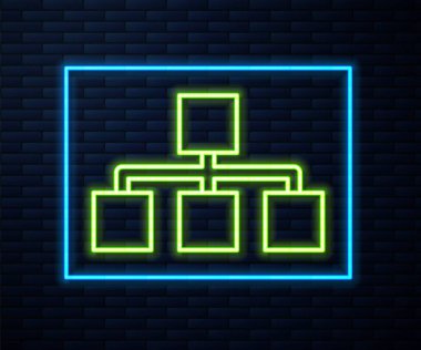 Parlayan neon hattı İş hiyerarşisi organogram grafiği bilgi ikonu tuğla duvar arka planında izole edildi. Kurumsal yapı grafik elementleri. Vektör.