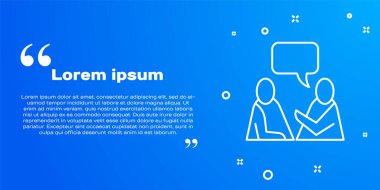 Beyaz çizgi İki oturan adam konuşan ikon mavi arka planda izole. Konuşma balonu sohbeti. İleti simgesi. İletişim ya da yorum sohbet sembolü. Vektör.