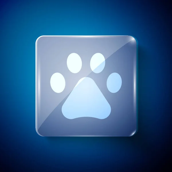 青の背景に分離されたホワイト プリント アイコン 犬や猫の足のプリント 動物の足跡だ 正方形のガラスパネル ベクトル — ストックベクタ