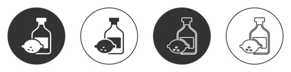 黑色Limoncello瓶子图标隔离在白色背景 一瓶新鲜的自制柠檬水 圆形按钮 — 图库矢量图片