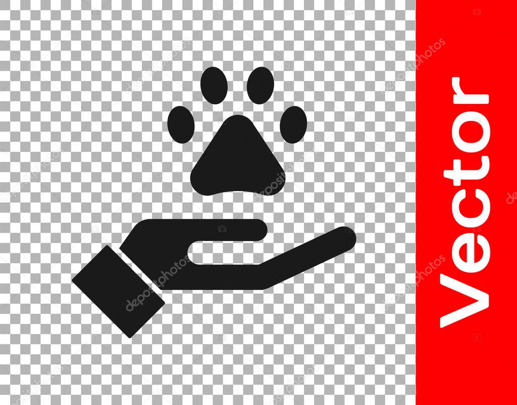 Black Hands with animals footprint icon isolated on transparent background. Pet paw in heart. Love to the animals.  Vector.