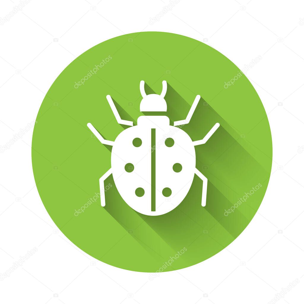 White Mite icon isolated with long shadow. Green circle button. Vector.