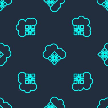 Kar ikonlu yeşil çizgi bulutu mavi arka planda izole edilmiş pürüzsüz desen. Kar taneli bulut. Tek hava ikonu. Kar tabelası. Vektör.