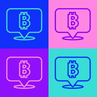Pop sanat çizgisi Kripto para birimi simgesi Bitcoin renk arkaplanında izole edildi. Madeni para. Engelleme zinciri tabanlı şifreli para birimi. Vektör.