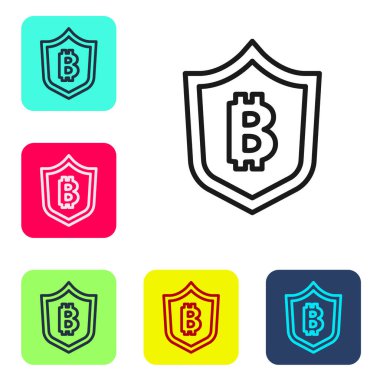 Beyaz zemin üzerinde bitcoin simgesi olan siyah çizgi kalkanı. Kripto para madenciliği, engelleme teknolojisi, güvenlik, koruma, dijital para. Renkli kare düğmelerle simgeleri ayarla. Vektör.