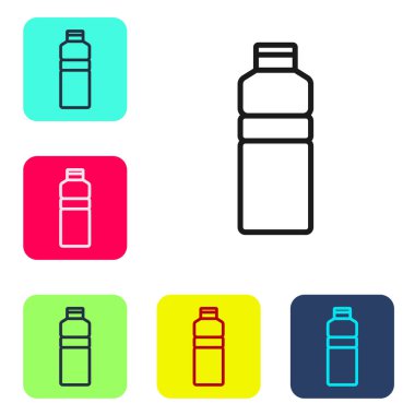 Beyaz arkaplanda siyah çizgi fitness sallama simgesi izole edildi. Su ve protein kokteylleri için kapaklı spor karıştırıcı şişesi. Renkli kare düğmelerle simgeleri ayarla. Vektör.
