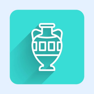 Beyaz çizgi Kadim amfora simgesi uzun gölgeli izole edilmiş. Yeşil kare düğmesi. Vektör.