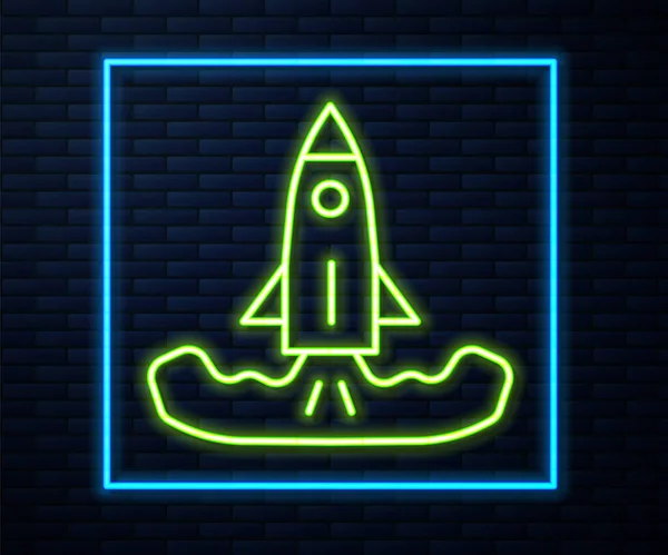 Gloeiende Neon Lijn Raket Pictogram Geïsoleerd Baksteen Muur Achtergrond Vector — Stockvector