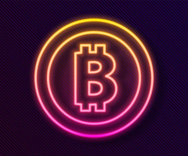 Leuchtende Leuchtschrift Kryptowährungsmünze Bitcoin Symbol Isoliert Auf Schwarzem Hintergrund Physische — Stockvektor