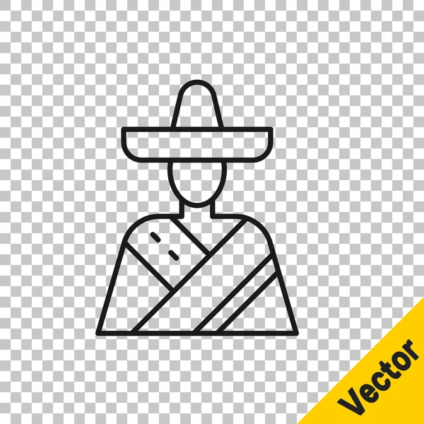 Hombre Mexicano Línea Negra Con Sombrero Aislado Sobre Fondo Transparente — Vector de stock