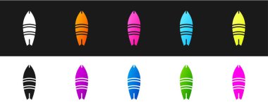 Sörf tahtası simgesini siyah ve beyaz arkaplanda izole et. Sörf tahtası. Olağanüstü bir spor. Spor malzemeleri. Vektör İllüstrasyonu.