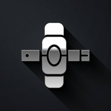 Siyah arkaplanda gümüş dizlik simgesi var. Olağanüstü bir spor. Kaykay, bisiklet, paten kayma koruyucu giysi. Uzun gölge tarzı. Vektör İllüstrasyonu.