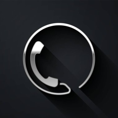 Gümüş Telefon, siyah arkaplanda 24 saat izole edilmiş destek ikonu. Tüm gün müşteri destek merkezi. Tam zamanlı çağrı servisi. Uzun gölge tarzı. Vektör İllüstrasyonu.