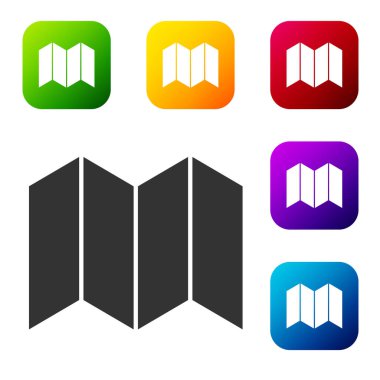 Beyaz arkaplanda siyah katlanmış harita simgesi izole edildi. Renkli kare düğmelerle simgeleri ayarla. Vektör İllüstrasyonu.