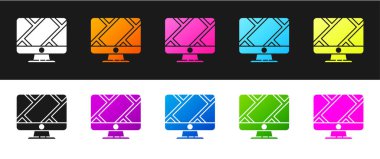 Bilgisayar monitörünü ve katlanmış haritayı siyah ve beyaz arkaplanda izole edilmiş konum simgesi simgesiyle ayarla. Vektör İllüstrasyonu.