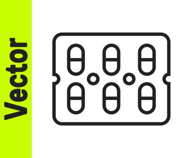 Siyah çizgili haplar beyaz arka planda izole edilmiş. İlaç paketi. Tablet, vitamin, antibiyotik, aspirin. Vektör İllüstrasyonu.