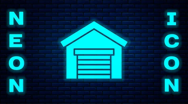 Gloeiende Neon Garage Pictogram Geïsoleerd Bakstenen Muur Achtergrond Vector Illustratie — Stockvector