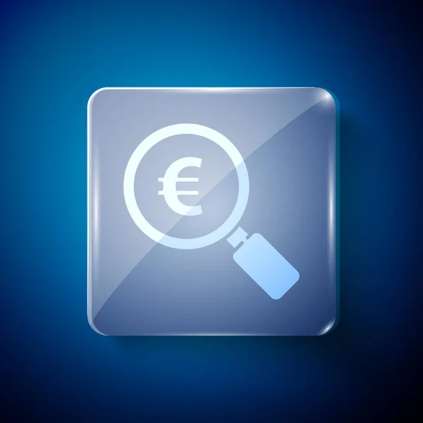 Wit Vergrootglas Euro Symbool Pictogram Geïsoleerd Blauwe Achtergrond Zoek Geld — Stockvector