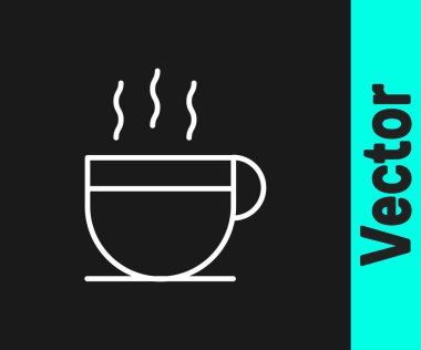 Beyaz çizgi kahve fincanı simgesi siyah arkaplanda izole edilmiş. Çay fincanı. Sıcak içecek kahvesi. Vektör İllüstrasyonu.