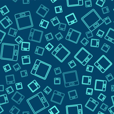 Yeşil çizgi banyo ölçekli ikon mavi arka planda izole edilmiş pürüzsüz desen. Ağırlık ölçme ekipmanı. Ağırlık ölçeği spor konsepti. Vektör İllüstrasyonu.