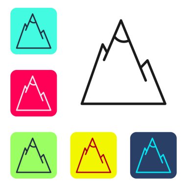 Siyah çizgi dağ simgesi beyaz arkaplanda izole edildi. Zaferin ya da başarının sembolü. Renkli kare düğmelerle simgeleri ayarla. Vektör İllüstrasyonu.
