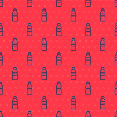 Mavi çizgili bir şişe su ikonu kırmızı arka planda izole edilmiş. Soda su içme tabelası. Vektör İllüstrasyonu.