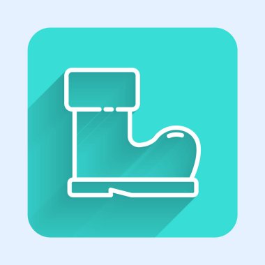 Uzun gölgeli, su geçirmez lastik bot ikonu. Yağmurlu hava, balıkçılık, bahçe işleri için çizme. Yeşil kare düğmesi. Vektör İllüstrasyonu.