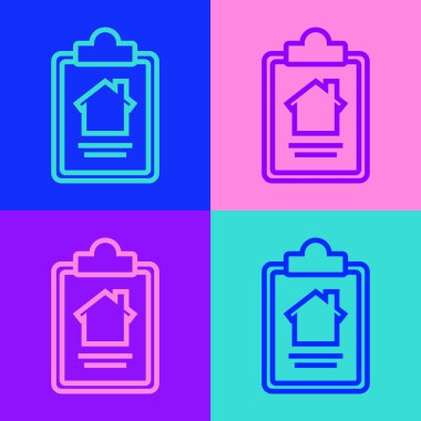 Pop Art Line House kontrat ikonu renk arkaplanında izole edilmiş. Sözleşme oluşturma hizmeti, belge oluşumu, başvuru formu bileşimi. Vektör İllüstrasyonu.