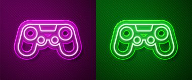Parlayan neon çizgi Gamepad simgesi mor ve yeşil arkaplanda izole edildi. Oyun kontrolörü. Vektör İllüstrasyonu.