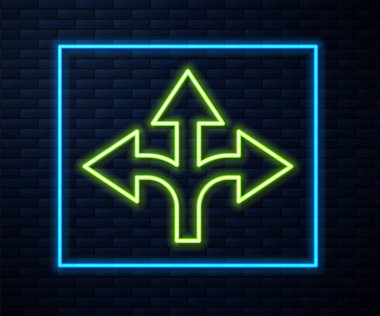 Parlayan neon hat trafik levhası. Tuğla duvar arkaplanındaki işaret simgesi izole edildi. İşaretçi sembolü. İzole sokak bilgi levhası. Yön tabelası. Vektör İllüstrasyonu.