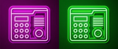 Parlayan neon hattı House dahili iletişim sistemi simgesi mor ve yeşil arkaplanda izole edildi. Vektör İllüstrasyonu.