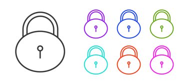 Siyah çizgi kilidi simgesi beyaz arkaplanda izole edildi. Asma kilit işareti. Güvenlik, güvenlik, koruma, gizlilik kavramı. Simgeleri renklendirin. Vektör İllüstrasyonu.