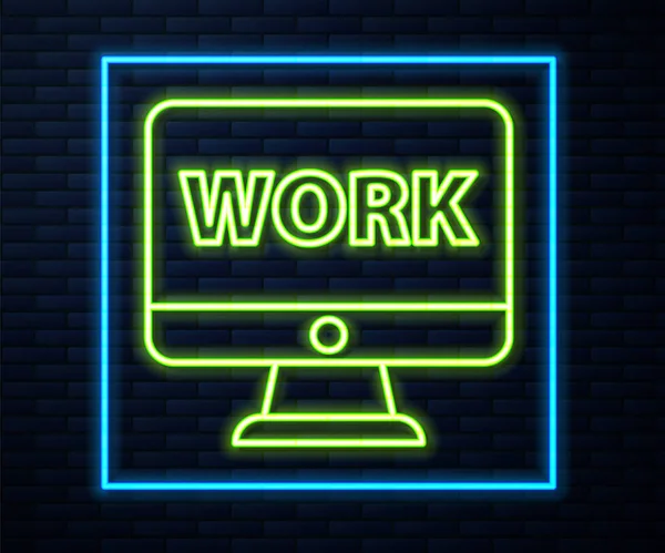 Świecący Neon Linii Monitor Komputerowy Ikoną Pracy Tekstu Izolowane Tle — Wektor stockowy