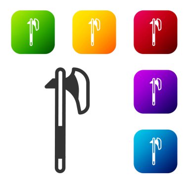 Siyah Ortaçağ balta simgesi beyaz arka planda izole edildi. Savaş baltası, cellat baltası. Ortaçağ silahı. Renkli kare düğmelerle simgeleri ayarla. Vektör.