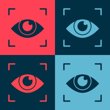 Pop Art Eye göz tarama simgesi renk arkaplanında izole edildi. Göz taraması yapılıyor. Güvenlik kontrol sembolü. Siber göz işareti. Vektör.
