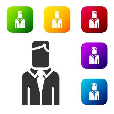 Siyah İşçi simgesi beyaz arkaplanda izole edildi. İş simgesi kullanıcı profili simgesi simgesi. Erkek kullanıcı işareti. Renkli kare düğmelerle simgeleri ayarla. Vektör.