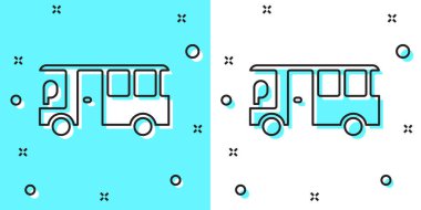 Yeşil ve beyaz arkaplanda siyah çizgi otobüs simgesi izole edildi. Ulaşım konsepti. Otobüs turu tabelası. Turizm ya da kamu aracı sembolü. Rastgele dinamik şekiller. Vektör.