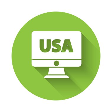 Beyaz Amerika Birleşik Devletleri uzun gölgeli monitör ikonunda. Yeşil daire düğmesi. Vektör.