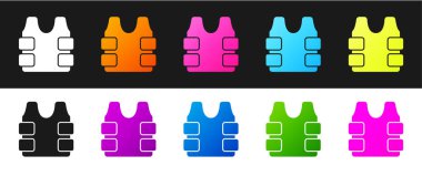 Siyah beyaz arka planda izole edilmiş kurşun geçirmez yeleği kurşun ikonundan korumak için ayarla. Vücut zırhı işareti. Askeri kıyafetler. Vektör.