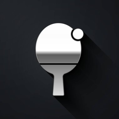 Masa tenisi ikonunu oynamak için gümüş raket siyah arka planda izole edilmiş. Uzun gölge tarzı. Vektör.