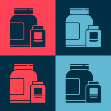 Pop Art Sports 'un vücut geliştirme protein enerji içeceği ve renkli arka planda izole edilmiş yiyecek ikonu. Vektör.