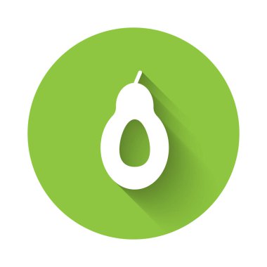 Beyaz Avokado meyve ikonu uzun gölgeli izole edilmiş. Yeşil daire düğmesi. Vektör.