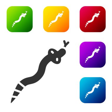 Siyah Yılan simgesi beyaz arkaplanda izole edildi. Renkli kare düğmelerle simgeleri ayarla. Vektör.